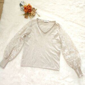 Sioni Milano knit pullover sweater beige/white lace sleeves womens size M